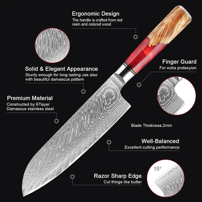 XITUO Santoku Damastmesser 7 Zoll | 67-lagen (Rot-Brauner Griff) - Kochschein