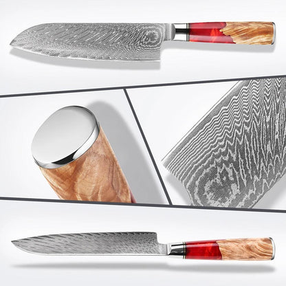 XITUO Santoku Damastmesser 7 Zoll | 67-lagen (Rot-Brauner Griff) - Kochschein