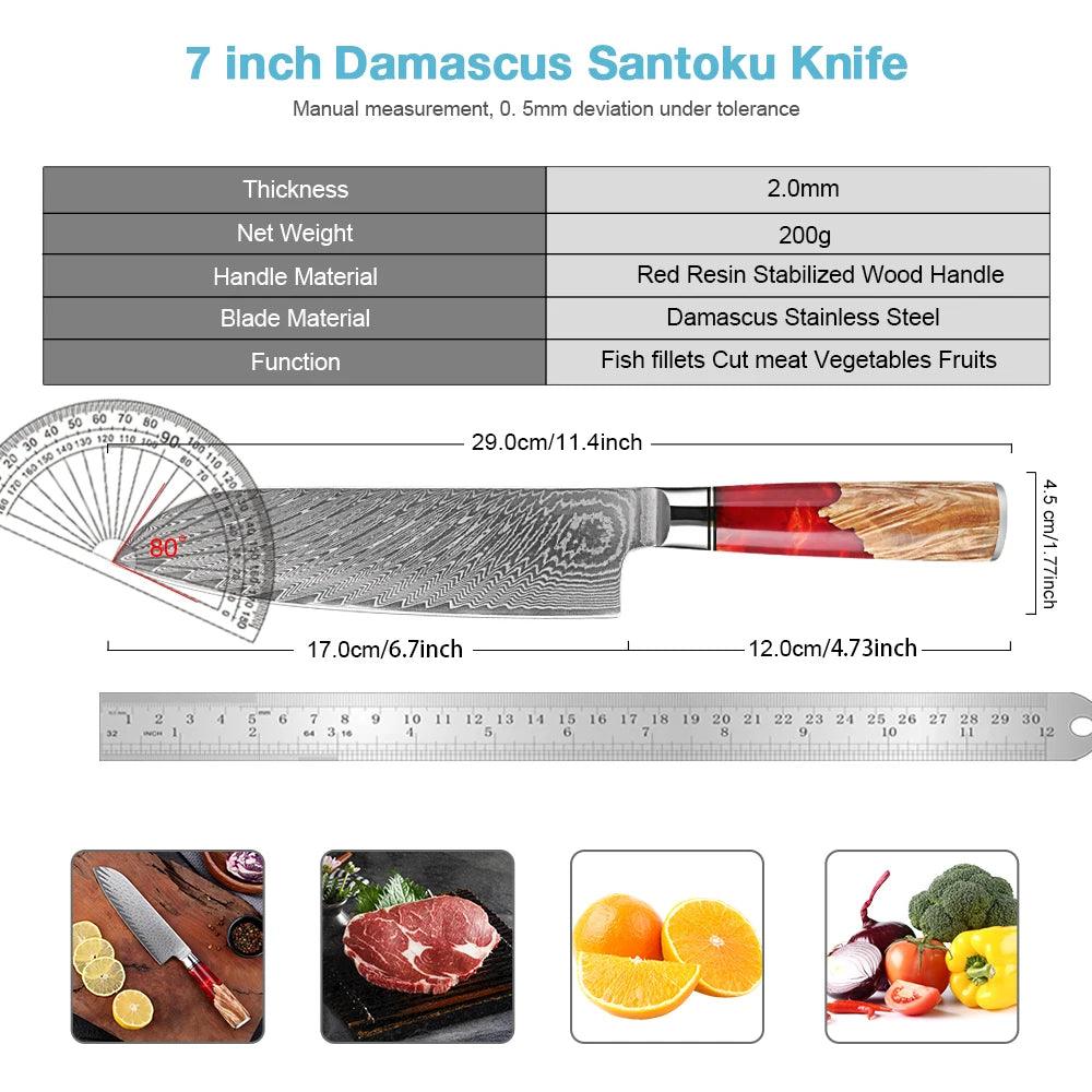 XITUO Santoku Damastmesser 7 Zoll | 67-lagen (Rot-Brauner Griff) - Kochschein