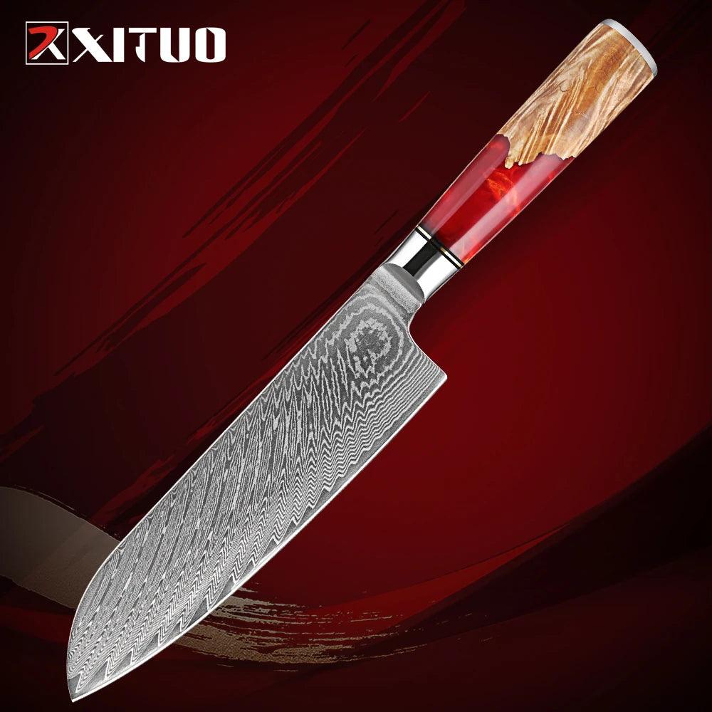 XITUO Santoku Damastmesser 7 Zoll | 67-lagen (Rot-Brauner Griff) - Kochschein