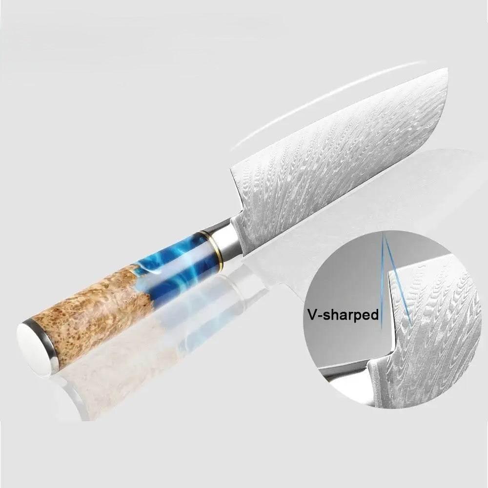 XITUO Santoku Küchenmesser aus VG10 Stahl mit blau-braunen Harzgriff - Kochschein